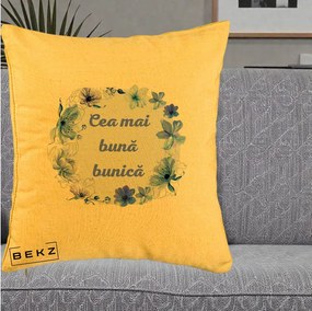 Cadou pentru Bunica - Perna Personalizata Cea Mai Buna Bunica Coronita Flori Albastre Acuarela, 40x40 cm, Galben, Husa Detasabila, Perna Inclusa, BEKZ®