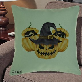 Perna Decorativa Trio Dovleci Jack-o-Lantern cu Palarie Vrajitoare, 40x40 cm, Verde, Husa Detasabila, Perna Inclusa, BEKZ®