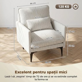 HOMCOM Fotoliu Living Tapițat din Țesătură cu Efect de In cu Brațe, Pernă Lombară și Șezut Generos, Alb | Aosom Romania