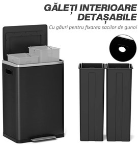 HOMCOM Coș de Gunoi cu 2 Secțiuni de 20L cu Pedală și Capac cu Închidere Moale, din Oțel Inoxidabil și PP, 40x34.8x59 cm, Negru | Aosom Romania
