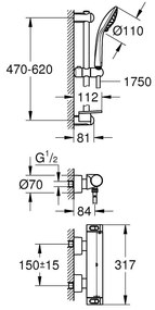 Sistem de dus cu termostat Grohe Grohtherm 2000, montare aparenta, 3 functii, para dus inclusa, brat ajustabil, etajera, anti-calcar, crom - 34195001
