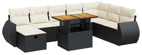 3328071 vidaXL Set mobilier grădină perne 9 piese negru poliratan/lemn acacia