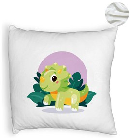 Perna Decorativa Fluffy, Model Baby Dinozaur Verde cu Peisaj, 40x40 cm, Alba, Husa Detasabila, Burduf