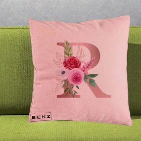 Cadou Personalizat - Perna Personalizata Monograma Rose Gold Litera R, 40x40 cm, Roz, Husa Detasabila, Perna Inclusa, BEKZ®