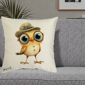 Perna Decorativa Pui Elegant cu Palarie Teal, 40x40 cm, Ecru, Husa Detasabila, Perna Inclusa, BEKZ®
