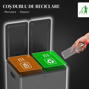 HOMCOM Coș de bucătărie dublu, 2 x 20L, cu pedală, capac cu închidere moale, găleți interioare detașabile, rezistent la amprente, Argintiu | Aosom Romania