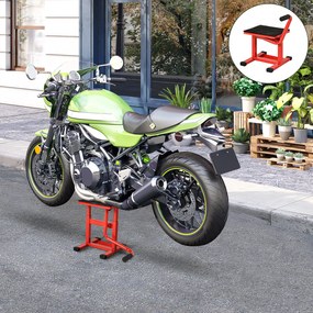 HOMCOM Suport pentru Motociclete din Oțel, Capacitate max 150 kg, cu Suprafață de Cauciuc și Manivelă, 27.5x51-69x34 cm, Roșu | Aosom Romania