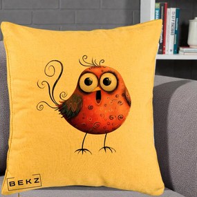 Perna Decorativa Pasare Rosie Exuberanta cu Spirale, 40x40 cm, Galben, Husa Detasabila, Perna Inclusa, BEKZ®