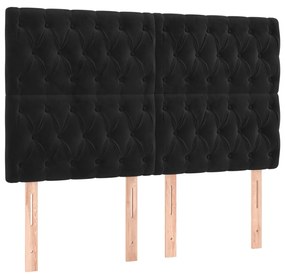 Pat box spring cu saltea, negru, 160x200 cm, catifea Negru, 160 x 200 cm, Design cu nasturi