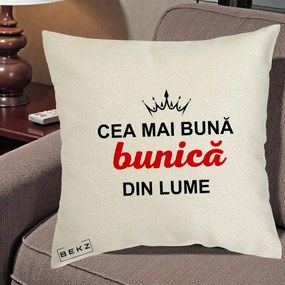 Cadou pentru Bunica - Perna Personalizata Cea Mai Buna Bunica Din Lume Coroana Neagra, 40x40 cm, Ecru, Husa Detasabila, Perna Inclusa, BEKZ®