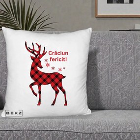 Perna Decorativa Ren Tartan Craciun Fericit, 40x40 cm, Alb Pufos, Husa Detasabila, Perna Inclusa, BEKZ®