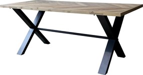 Masă dining cu blat herringbone din lemn masiv, natur, 10 locuri, cu bază în X din fier, finisaj cu baiț deschis, 77 x 200 x 90 cm, „Marseille”