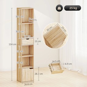 HOMCOM Raft Bibliotecă cu 4 Nivele Deschise, cu Dulap și Sertar, 30x24x158 cm, Lemn Natural | Aosom Romania