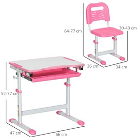 HOMCOM Set Masă și Scaun pentru Copii Reglabilă pe Înălțime, cu Blat Înclinabil 45°, 66x47x52-77 cm, Roz | Aosom Romania