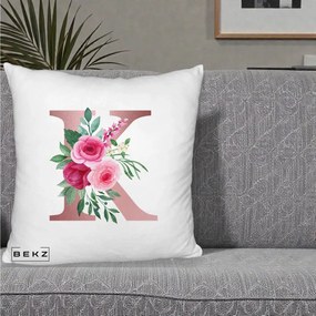 Cadou Personalizat - Perna Personalizata Monograma Rose Gold Litera K, 40x40 cm, Alb Pufos, Husa Detasabila, Perna Inclusa, BEKZ®