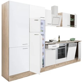 Mobilă de bucătărie Yorki 340, corp din stejar sonoma, față alb satinat cu element cuptor inferior, dulap cu rafturi și frigider cu congelator superior.