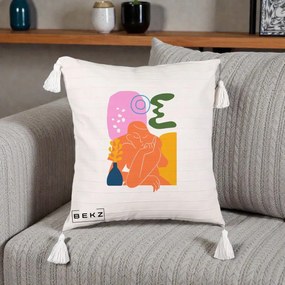 Perna Decorativa Femeie Meditand Abstract, 40x40 cm, Bej cu Franjuri, Husa Detasabila, Perna Inclusa, BEKZ®