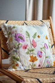 Pernă decorativa din bumbac cu broderie cu motive florale si franjuri, "Pogni"
