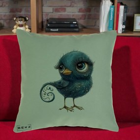 Perna Decorativa Pasare Teal cu Motive Aurii si Coada Spiralata, 40x40 cm, Verde, Husa Detasabila, Perna Inclusa, BEKZ®