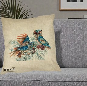 Perna Decorativa Bufnite de Iarna Albastre, 40x40 cm, Crem, Husa Detasabila, Perna Inclusa, BEKZ®