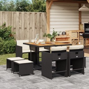 vidaXL Set mobilier de grădină cu perne, 9 piese, negru, poliratan