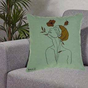 Perna Decorativa Portret Feminin Mac Privire Inalta, 40x40 cm, Verde, Husa Detasabila, Perna Inclusa, BEKZ®