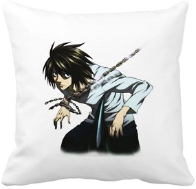 Perna Decorativa cu Death Note L, 40x40 cm, Alba, Mata, Husa Detasabila, Burduf