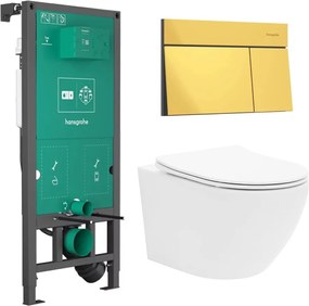 Rezervor incastrat Hansgrohe iFrame 112 cm cu clapeta iFrame Element E auriu lucios plus vas WC Rune Ivaldi alb cu capac softclose