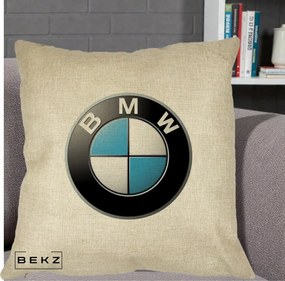 Perna Personalizata cu emblema BMW, 40x40 cm, Crem, Husa Detasabila, Perna Inclusa, BEKZ®