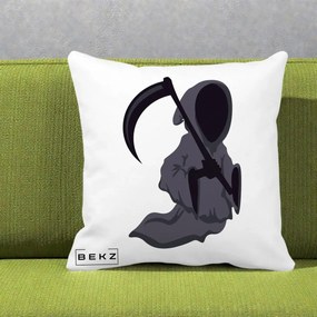 Perna Decorativa Moartea cu Coasa Grim Reaper Halloween, 40x40 cm, Alba Mata, Husa Detasabila, Perna Inclusa, BEKZ®