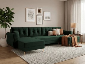Canapea extensibila in forma de U SILVIANO 300x140 cm, verde inchis + 2 pernute CADOU