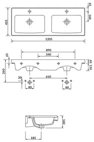 Lavoar dublu incastrat Cersanit Crea 120 cm, dreptunghiular, alb