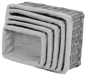 Set coșuri de răchită cu țesătură buline gri, 5 buc., 5 dimensiuni, 48 x 18 x 37 cm