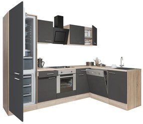 Mobilă de bucătărie de colț Yorki 280, corp din stejar sonoma, față antracit satinat cu element cuptor inferior, frigider cu dedurizator de căldură inferior