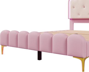 Pat tapițat 140x200 cm cu somieră cu lamele, formă de prințesă moștenitoare, fără saltea, Roz