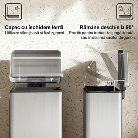 HOMCOM Coș de gunoi dreptunghiular cu pedală 20 L din metal, cu găleată interioară detașabilă și închidere lentă, argintiu | Aosom Romania