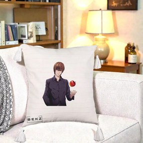Perna Personalizata Death Note Light Yagami cu Mar, 40x40 cm, Bej cu Franjuri, Husa Detasabila, Perna Inclusa, BEKZ®