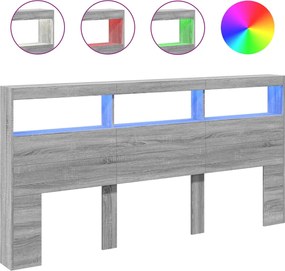vidaXL Tăblie de pat cu dulap și LED, gri sonoma, 200x17x102 cm