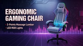 ALFORD Scaun gaming cu Masaj in 5 puncte, Perna lombara cu Masaj, Sistem iluminare banda LED RGB, Boxe Bluetooth, suport picioare, catifea, Gri