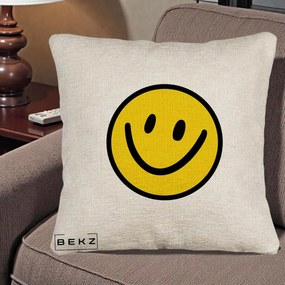 Perna Decorativa Smiley Face Galben Clasic, 40x40 cm, Bej Canapea, Husa Detasabila, Perna Inclusa, BEKZ®