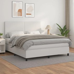 3142732 vidaXL Pat box spring cu saltea, alb, 160x200 cm, piele ecologică