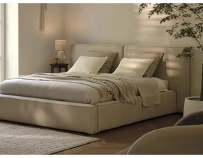 Pat matrimonial bej tapițat cu spațiu de depozitare și somieră 200x200 cm Arendal – Cosmopolitan Design