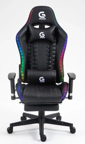 Scaun gaming cu sistem iluminare bandă LED RGB, boxe bluetooth, masaj în perna lombară, suport picioare, funcție șezlong, 90-180 grade, piele ecologica, Negru