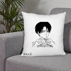 Perna Personalizata Levi Ackerman Inima, 40x40 cm, Alb Pufos, Husa Detasabila, Perna Inclusa, BEKZ®