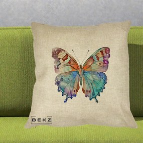 Perna Decorativa Fluture Acuarela Multicolor Portocaliu-Bleu-Mov, 40x40 cm, Crem, Husa Detasabila, Perna Inclusa, BEKZ®