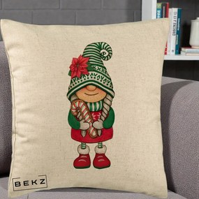 Perna Decorativa Gnom Craciun Verde cu Bomboane si Floare, 40x40 cm, Bej, Husa Detasabila, Perna Inclusa, BEKZ®