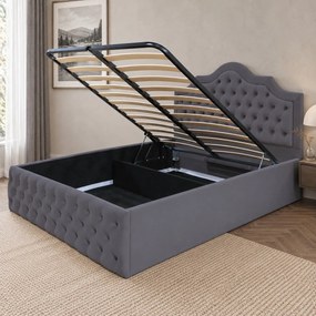 Pat tapițat din catifea Imperio cu nasturi 160×200 cm, gri închis, cu ladă de depozitare