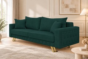 Canapea extensibilă Amara stofă, verde, picioare aurii, cu ladă de depozitare