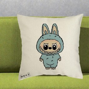 Perna Personalizata Labubu Albastru-Gri Solo, 40x40 cm, Ecru, Husa Detasabila, Perna Inclusa, BEKZ®