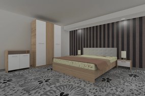 Dormitor Luiza 3U5PTA, culoare sonoma / alb, cu pat tapiterie alba 140 x 200, dulap cu 3 usi 123 cm, comoda si 2 noptiere